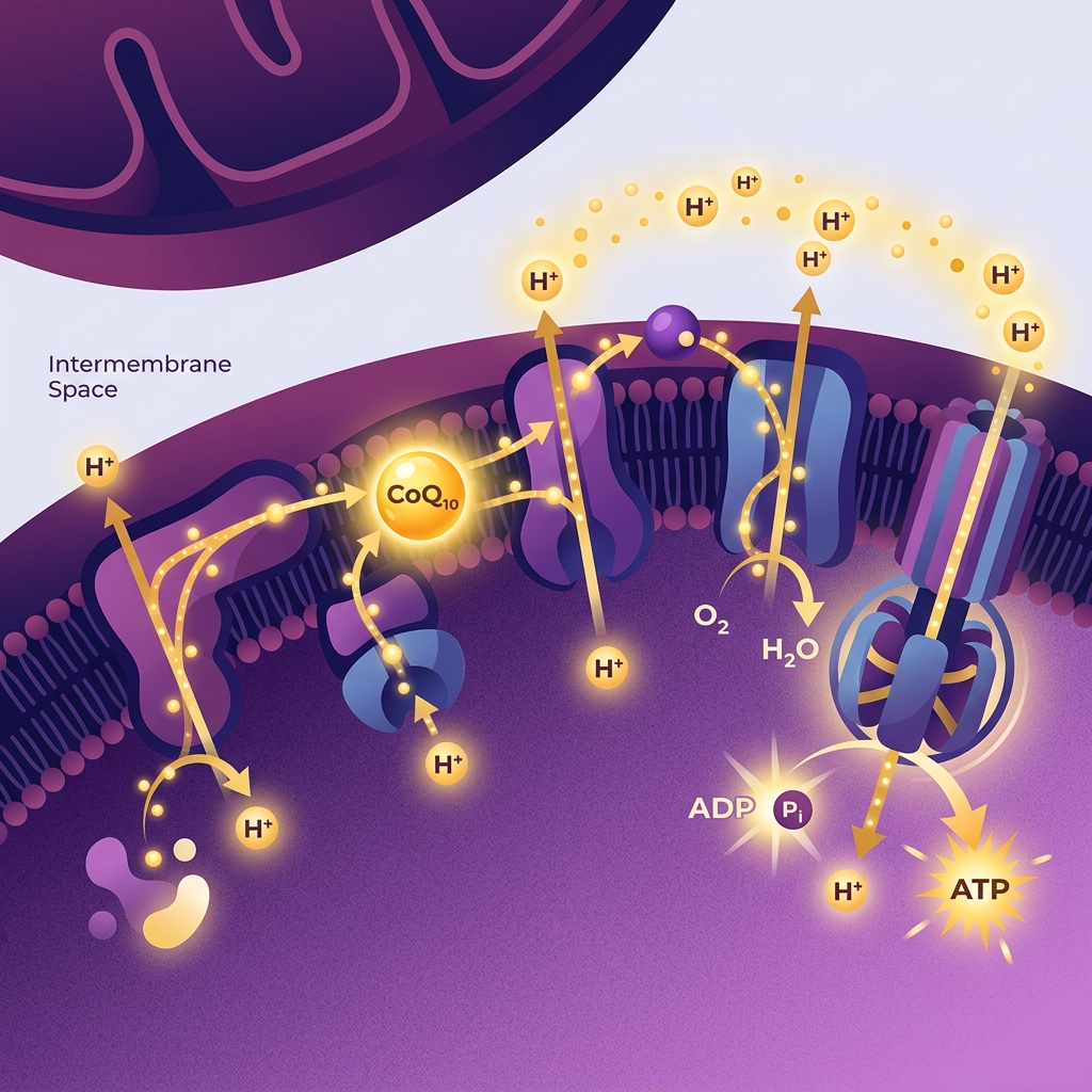 Mitocondria produciendo ATP con CoQ10 como componente esencial de la cadena energética