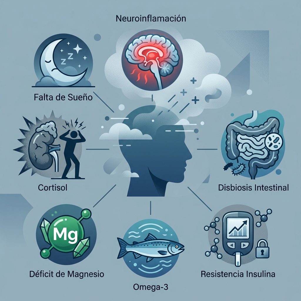 7 causas de niebla mental: neuroinflamación, falta de sueño, cortisol, déficit de magnesio, omega-3, insulina y disbiosis