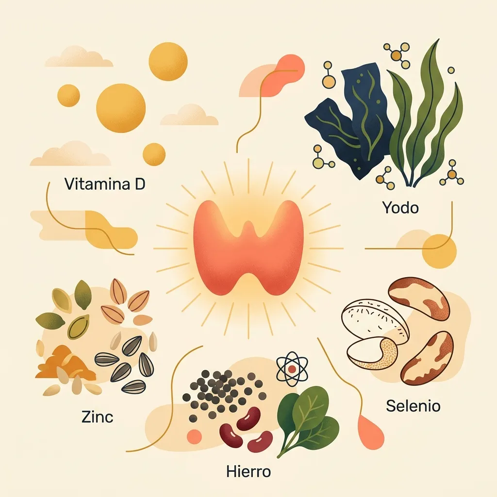 Nutrientes esenciales para la tiroides: selenio, zinc, yodo, hierro y vitamina D alrededor de una tiroides saludable