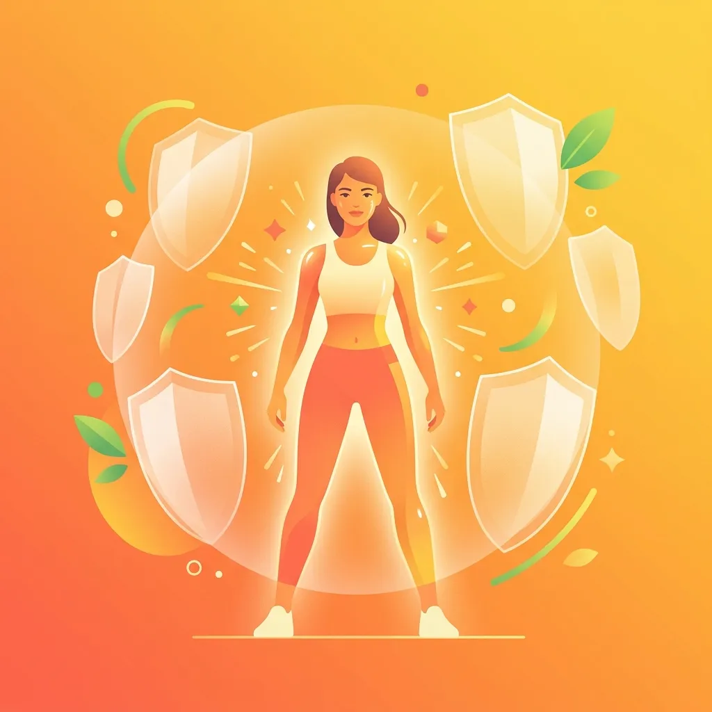 Mujer radiante protegida por escudos representando los beneficios de la vitamina C liposomal para inmunidad y piel
