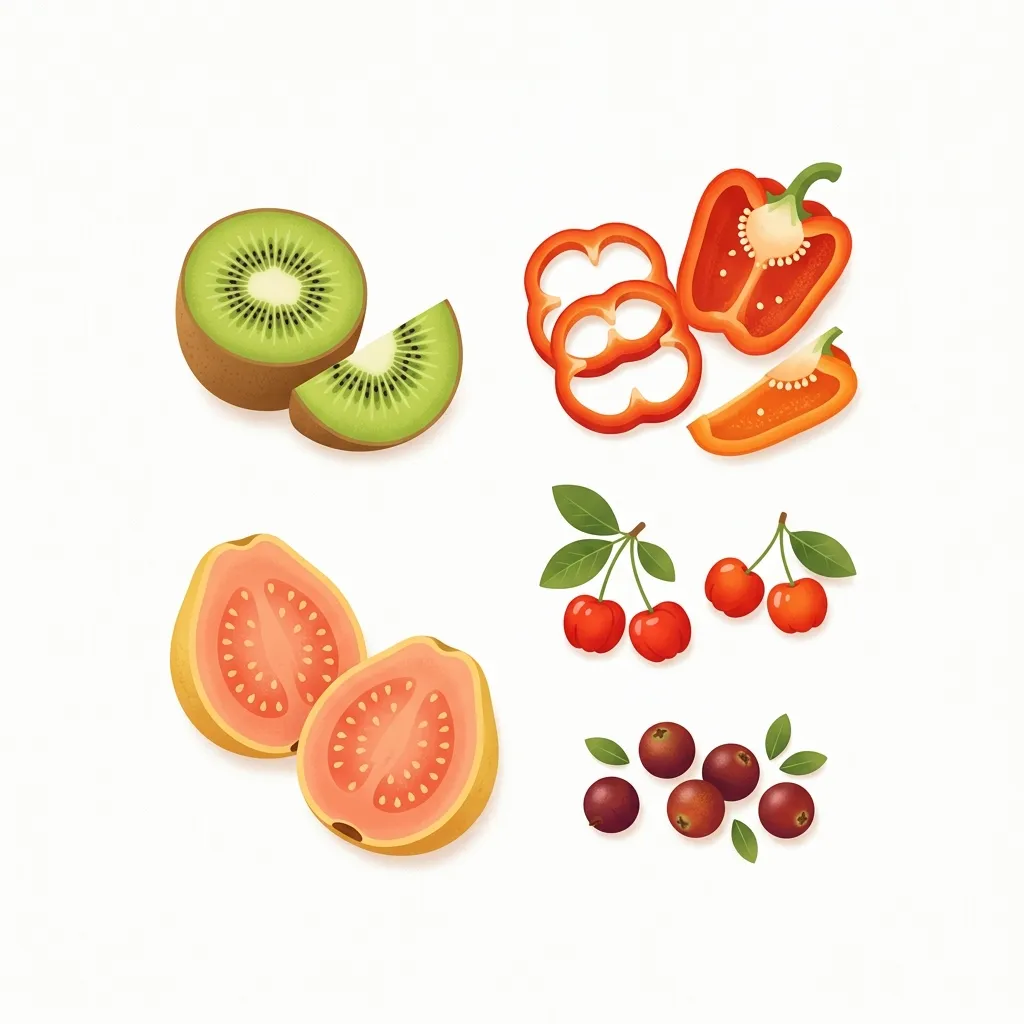 Red de funciones de la vitamina C: colágeno, inmunidad, cerebro, huesos conectados a una molécula central