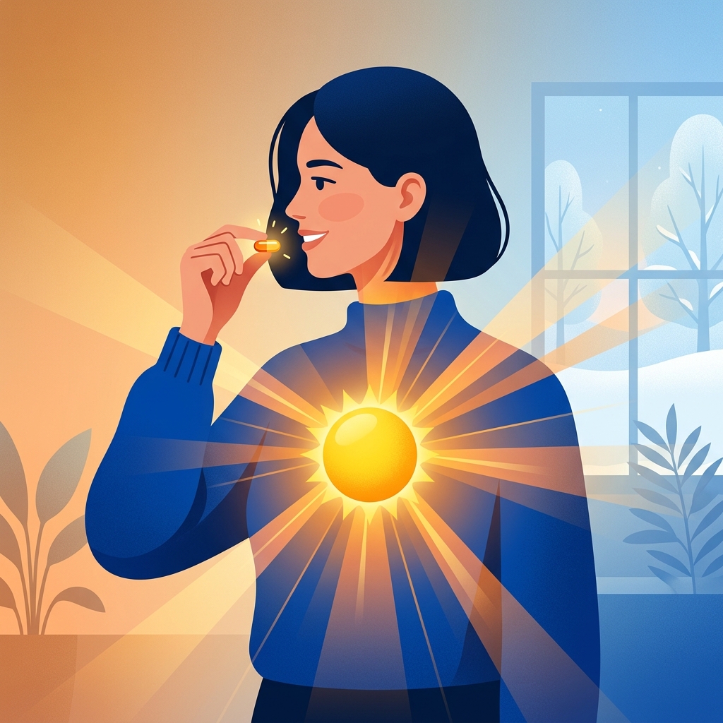 Persona tomando cápsula de vitamina D con sol dorado interior brillando y proyectando energía al cuerpo