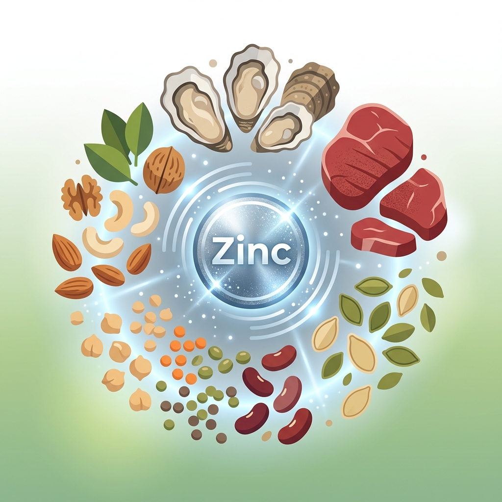 Tabla de síntomas de déficit de zinc con señales visibles en uñas, piel y cabello